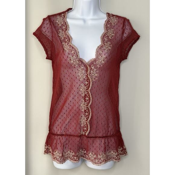 American Vintage Tops - VTG Y2K Sheer Babydoll Top Womens S Red Embroidered Trim Mesh 90s Fairy Grunge